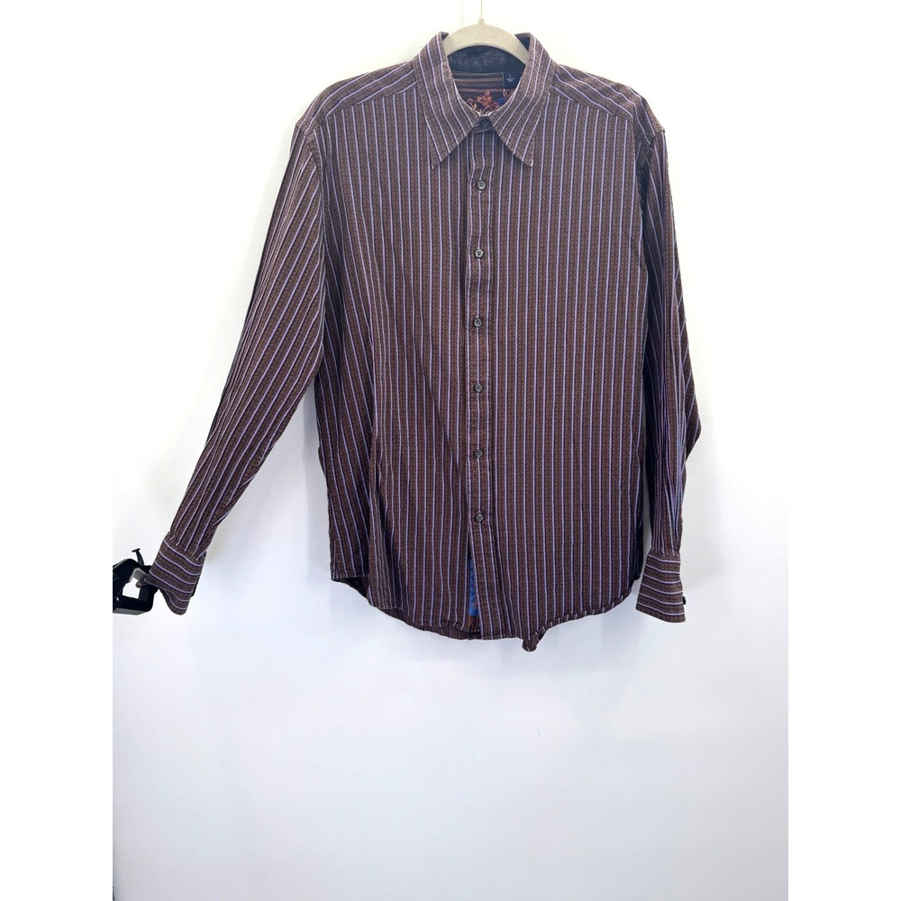 VTG 90s Robert Graham Brown Purple Stripe Button Down L Contrast Flip Cuffs